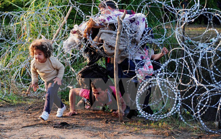 Người di cư vượt qua hàng rào dây thép gai gần Roszke, giáp giới Serbia.